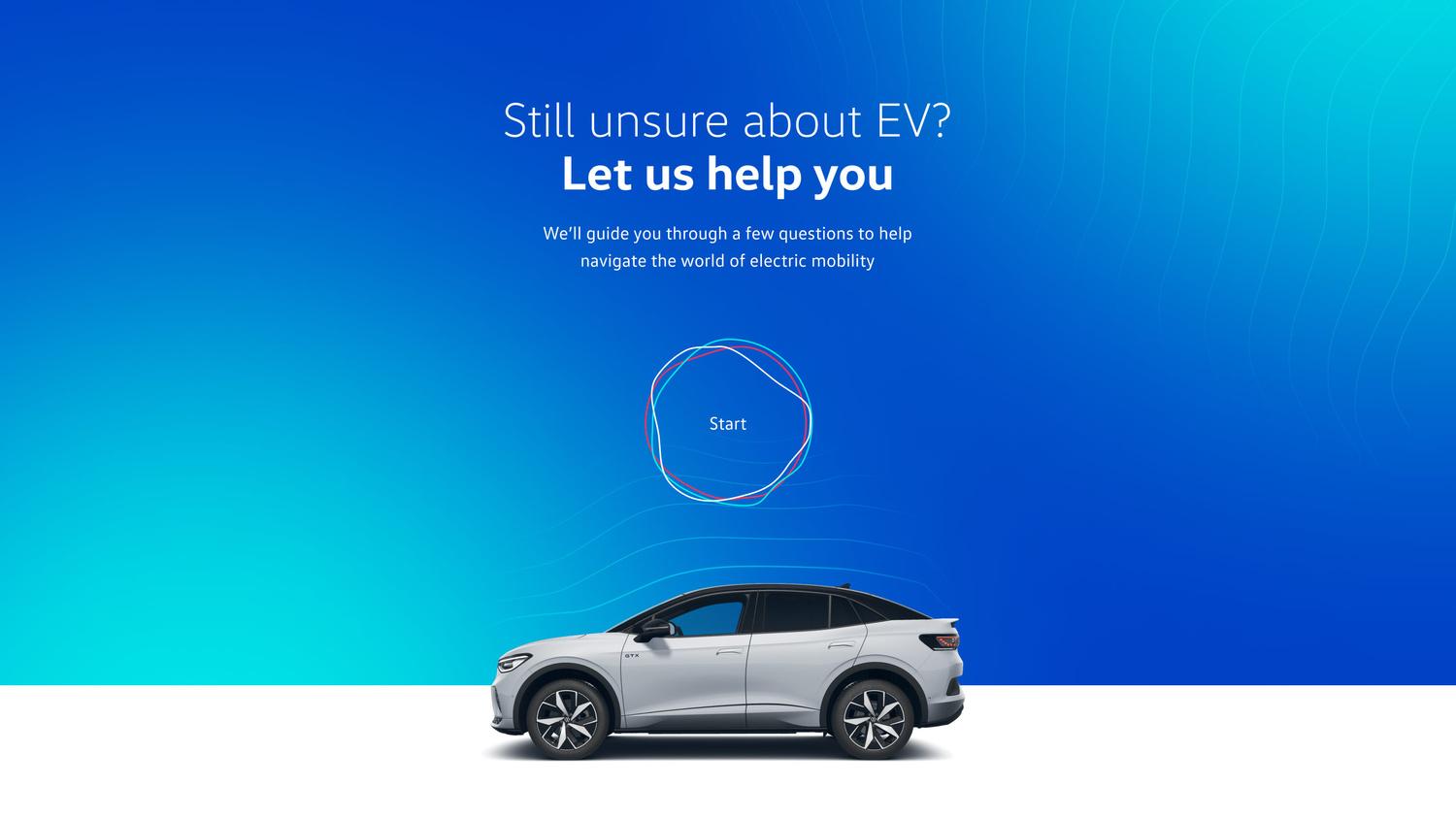 Home of eVW landing experience with an EV guidance message and hero car.