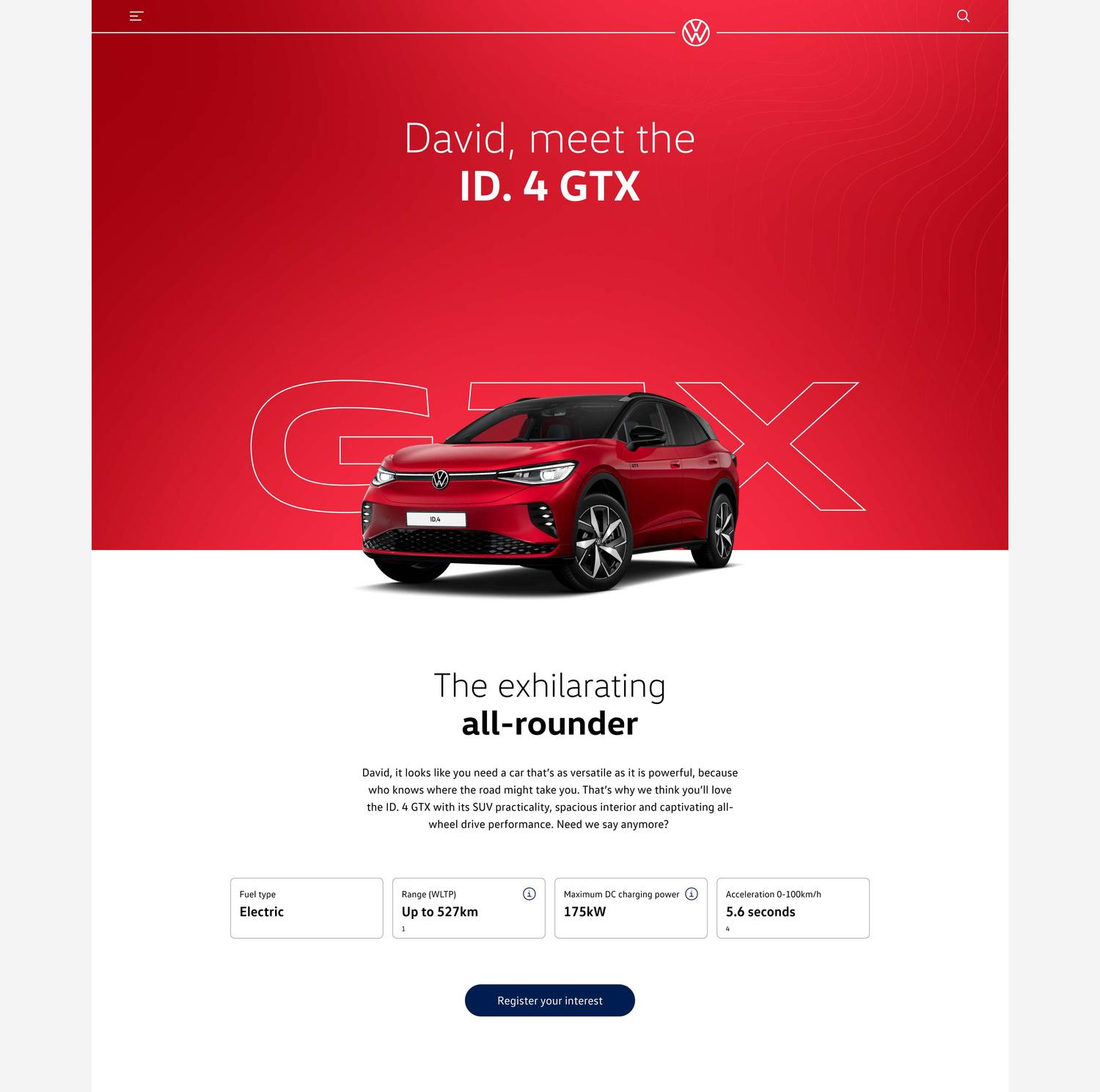 A selection of personalised Volkswagen EV model pages across mobile screens.