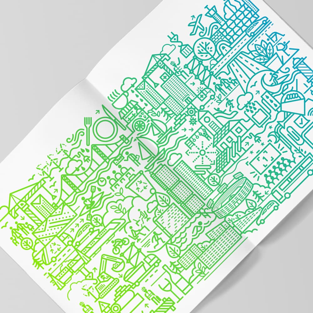 Lendlease illustrated brand spread with gradient line artwork