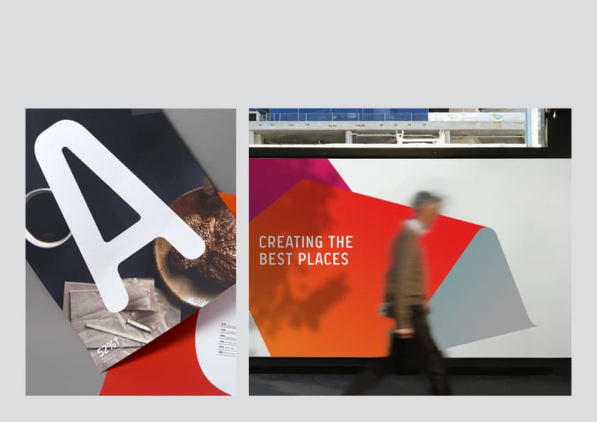 Lendlease identity examples including signage and printed materials