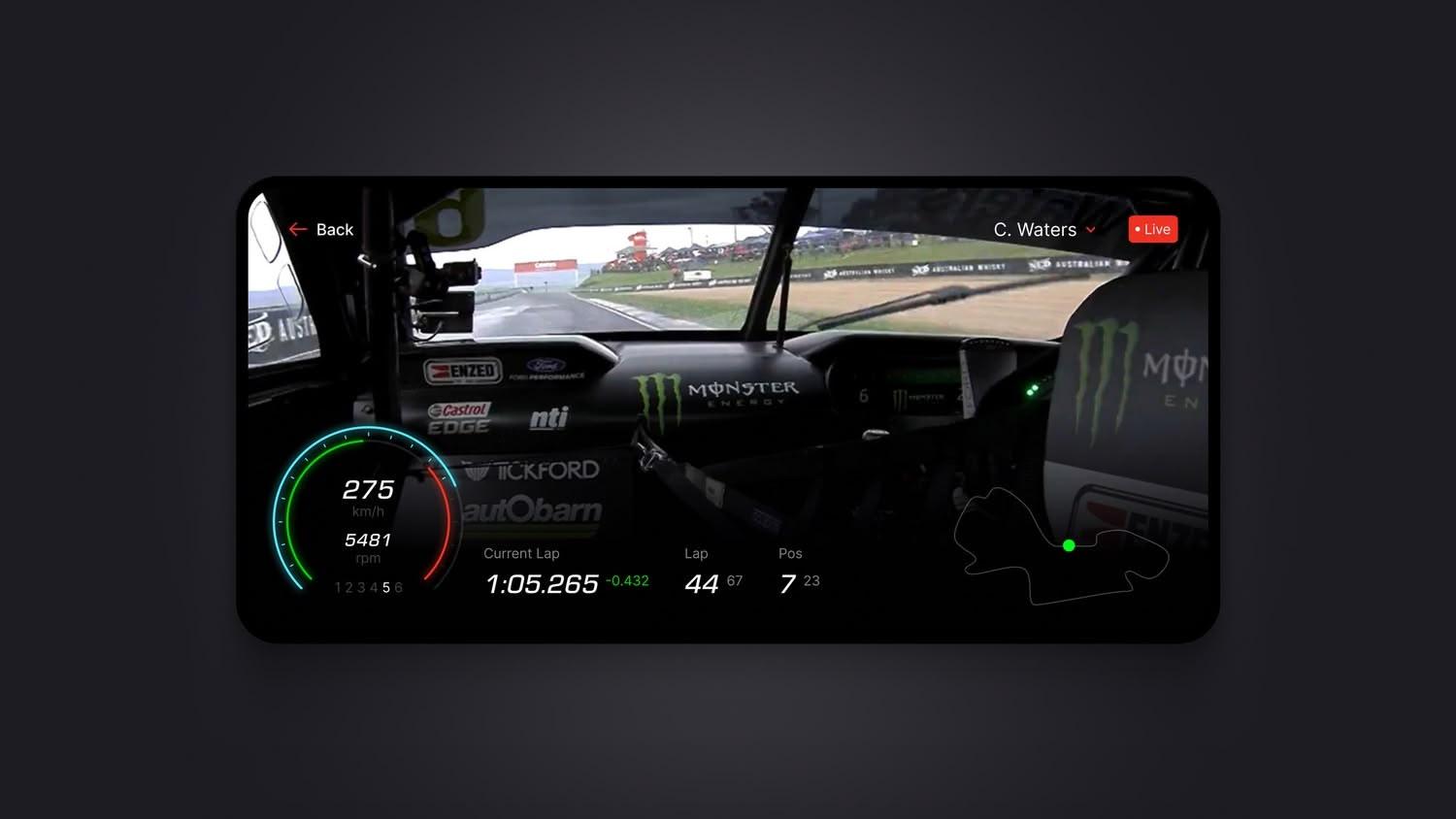 Supercars in-car live camera experience with telemetry overlays